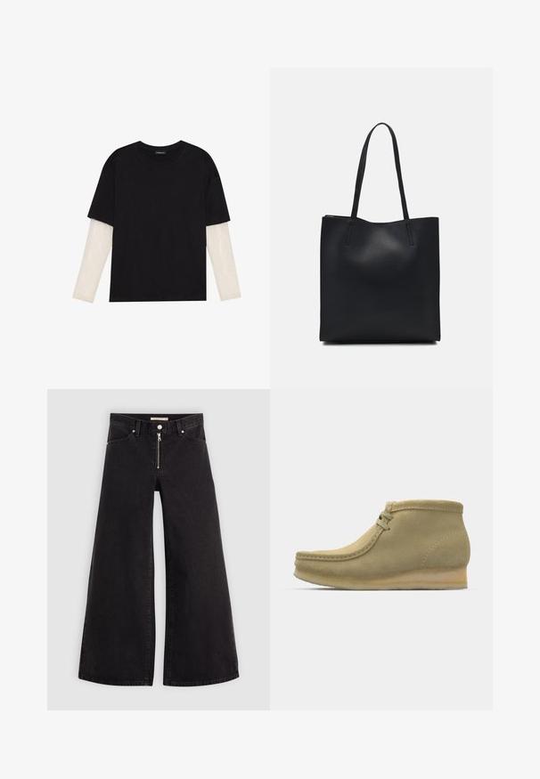 Fekete pamut póló, rövid ujjal, fehér hosszú ujjú réteg fölött, finom textúrával. Kerek nyakkivágású dizájn.; Fekete denim széles szárú farmer, cipzáros elejével, öt zsebes kialakítással és diszkrét varrással. Sima textúra és laza stílus.; Beige velúr bokacsizmák lekerekített orral, minimális varrással, kis sarkukkal és állítható méretű fűzős záródással.; Fekete bőrtáska sima felszínnel, téglalap alakú, két hosszú füllel. Nincs látható fémkiegészítő vagy díszítés.