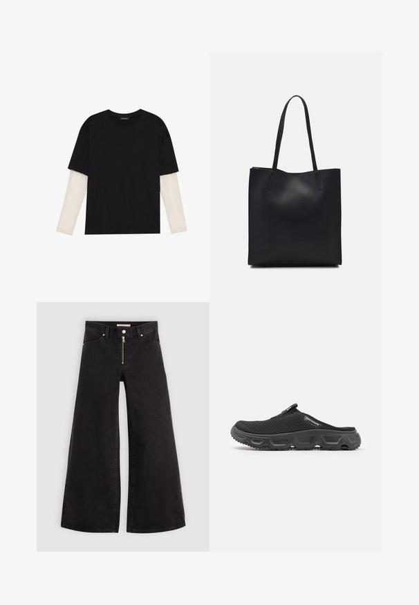 Črna majica iz bombaža s kratkimi rokavi, ki pokriva belo dolgi rokav z subtilnim teksturiranim vzorcem. Oblika izrezanega vratu.; Široke traperice iz črnega denima z zadrgo spredaj, petimi žepi in diskretnimi šivi. Gladka tekstura in ležeren slog.; Črne mrežaste natikače s teksturiranim gumijastim podplatom, zaobljenim prstom in zanko za držanje na hrbtni strani. Imajo vidno šivanje in subtilen detajl z logotipom.; Črna usnjena torba s svilnato teksturo, pravokotne oblike in dvema dolgima ročajema. Brez vidnih metalnih delov ali okrasnih elementov.