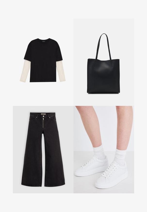 Mustmust särk, mis on valmistatud puuvillast, lühikeste varrukatega, valge pika varrukaga kihi peal, millel on peene tekstuuriga muster. Ümar kaelus.; Laiad teksad mustast denimist, millel on lukuga eesmine osa, viie taskuga disain ja peened õmblusdetailid. Sile tekstuur ja juhuslik stiil.; Copenhagen Studios CPH72 - Tossud - white; Mustast nahast kott sujuva tekstuuriga, ristkülikukujuline ja kahe pika sangaga. Pole nähtavat riistvara ega kaunistusi.