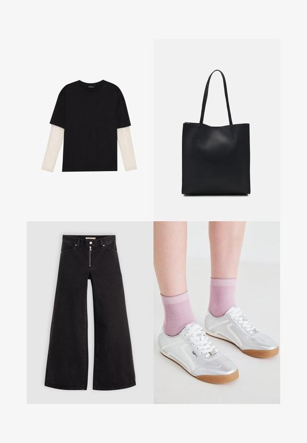 Mustapaita, joka on valmistettu puuvillasta ja jossa on lyhyet hihat valkoisen pitkähihasen kerroksen päällä, jossa on hienovarainen teksturoitu kuvio. Pyöreä kaula-aukko.; Mustat leveälahkeiset farkut, joissa on vetoketjufrunti, viisi-taskuinen muotoilu ja hienovaraiset ompelusyyt. Sileä pinta ja rento tyyli.; Hopeaiset urheilukengät valkoisilla yksityiskohdilla ja kumipohjilla, yhdistettynä ribbitettyihin vaaleanpunaisiin sukkiin, esittelee matalan profiilin muotoilua.; Mustapahkainen kangaskassi, jossa on sileä pinta, suorakaiteen muotoinen ja kaksi pitkää kahvaa. Ei näkyvää metalliosaa tai koristeita.