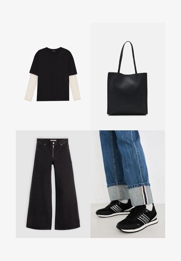 Fekete pamut póló, rövid ujjal, fehér hosszú ujjú réteg fölött, finom textúrával. Kerek nyakkivágású dizájn.; Fekete denim széles szárú farmer, cipzáros elejével, öt zsebes kialakítással és diszkrét varrással. Sima textúra és laza stílus.; Fekete sportcipő fehér csíkokkal, kék farmernadrággal párosítva, amelynek az alja fel van hajtva, és kontrasztos bélés található benne. Puha talp, minimális dizájn.; Fekete bőrtáska sima felszínnel, téglalap alakú, két hosszú füllel. Nincs látható fémkiegészítő vagy díszítés.