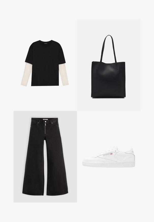 T-shirt nera in cotone con maniche corte sopra un sotto manica lunga bianca, caratterizzata da una sottile texture. Design con scollo rotondo.; Jeans a gamba larga in denim nero con chiusura a zip, design a cinque tasche e dettagli di cucitura sottili. Texture morbida e stile casual.; Sneaker bianche in pelle con un design a basso profilo, chiusura con lacci, pannellatura laterale testurizzata e marchio Reebok in rilievo. Suola in gomma.; Borsa tote in pelle nera con texture liscia, forma rettangolare e due manici lunghi. Nessun hardware o decorazione visibile.