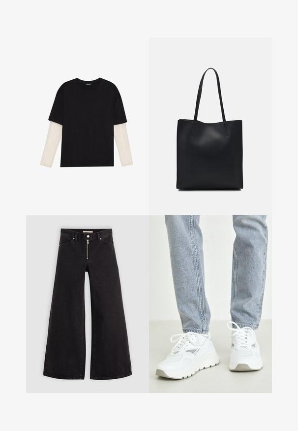 Black T-shirt made of cotton, featuring short sleeves over a white long-sleeve layer with a subtle textured pattern. Crew neckline design.; Wide-leg jeans in black denim with a zippered front, five-pocket design, and subtle stitching details. Smooth texture and casual style.; White sneakers with light gray accents, mesh and leather materials, rounded toe, thick sole, and lace-up design. Paired with light blue jeans.; Black leather tote bag with smooth texture, rectangular shape, and two long handles. No visible hardware or embellishments.