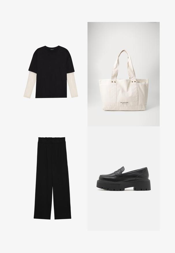 Camiseta negra de algodón, con mangas cortas sobre una capa blanca de manga larga con un patrón texturizado sutil. Diseño de escote redondeado.; Pantalones de pierna ancha negros con una cintura con volantes, que cuentan con dos bolsillos laterales y una tela suave y ligera. Sin patrones visibles ni accesorios.; Mocasines de cuero negro con una suela de goma baja y gruesa, detalles de costura en la parte superior y una textura suave.; Bolsa de lona en un color beige claro con dos asas resistentes, ribete blanco en contraste y el logo "THE NORTH FACE" en negro en la parte frontal.