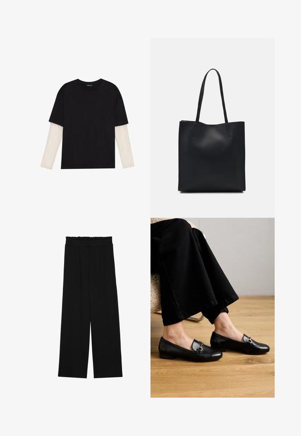 Svart T-skjorte laget av bomull, med korte ermer over et hvitt langermet lag med en subtil teksturert mønster. Rund hals design.; Svarte vide bukser med rynket liv, med to sidelommer og et glatt, lett stoff. Ingen synlige mønstre eller metalldeler.; Sorte skinnloafers med firkantet tå og liten hæl, med en dekorativ hardware i gulltone på oversiden.; Svart lær tote bag med glatt tekstur, rektangulær form og to lange håndtak. Ingen synlige deler eller dekorasjoner.