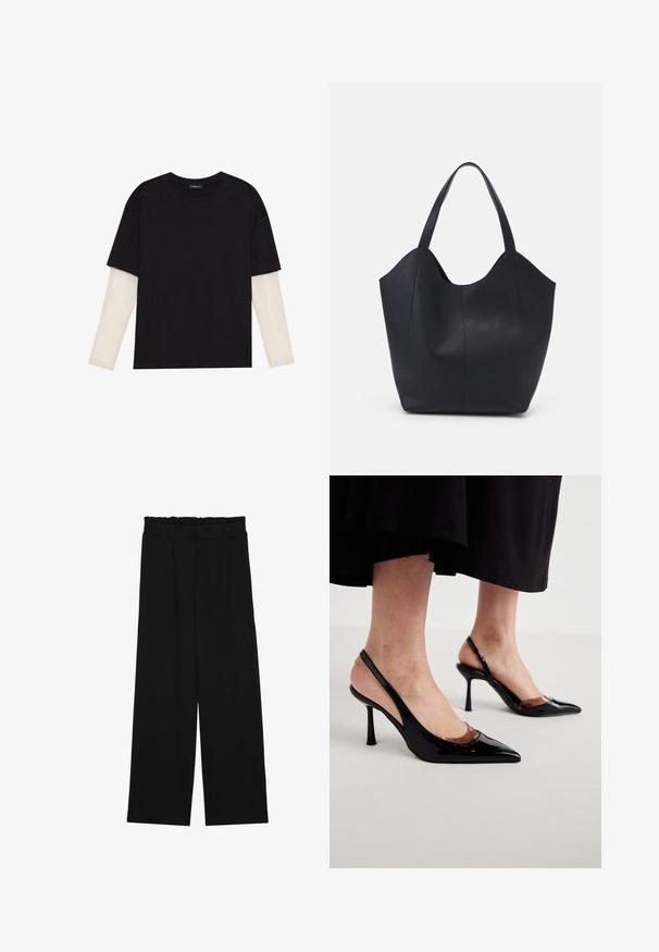 Čierne tričko z bavlny, s krátkymi rukávmi cez biele tričko s dlhým rukávom, s jemným textúrovaným vzorom. Design s okrúhlym výstrihom.; Čierne široké nohavice s volánovým pásom, obsahujúce dve bočné vrecká a hladký, ľahký materiál. Žiadne viditeľné vzory ani kovové príslušenstvo.; Čierne lakované lodičky na opätku so špicatými prstami a priehľadnými výrezmi na prednej strane, umiestnené na jednoduchom svetlom povrchu.; Čierna taška s dlhým uchom vyrobená z hladkej kože, s oblým otvoreným vrchom a dvoma ramennými popruhmi, minimalistického dizajnu.