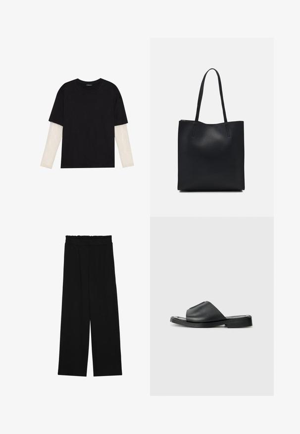 T-shirt nera in cotone con maniche corte sopra un sotto manica lunga bianca, caratterizzata da una sottile texture. Design con scollo rotondo.; Pantaloni neri a gamba larga con cintura arricciata, dotati di due tasche laterali e un tessuto liscio e leggero. Nessun motivo visibile o parti metalliche.; Infradito neri in pelle con una texture liscia, punta aperta, design a fascia larga e suola piatta in gomma.; Borsa tote in pelle nera con texture liscia, forma rettangolare e due manici lunghi. Nessun hardware o decorazione visibile.