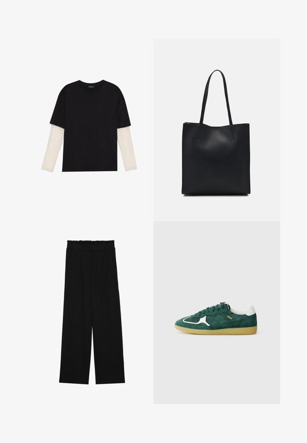 Tricou negru din bumbac, cu mâneci scurte, peste un strat alb cu mâneci lungi, având un model texturat subtil. Design cu guler rotund.; Pantaloni largi negri cu un tiv volant, cu două buzunare laterale și un material neted, ușor. Fără modele vizibile sau accesorii.; Tenisi verzi din daim cu accente albe, detalii perforate și o talpă texturată din cauciuc. Prezintă șireturi rotunde și un călcâi căptușit.; Geantă tote neagră din piele, cu textură netedă, formă rectangulară și două mânere lungi. Fără hardware vizibil sau ornamente.