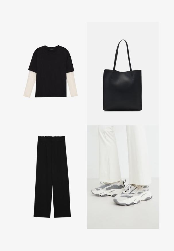 Black T-shirt made of cotton, featuring short sleeves over a white long-sleeve layer with a subtle textured pattern. Crew neckline design.; Black wide-leg trousers with a ruffled waistband, featuring two side pockets and a smooth, lightweight fabric. No visible patterns or hardware.; Chunky athletic sneakers in light gray, featuring a mix of mesh and textile materials, with patterned accents and a thick rubber sole.; Black leather tote bag with smooth texture, rectangular shape, and two long handles. No visible hardware or embellishments.