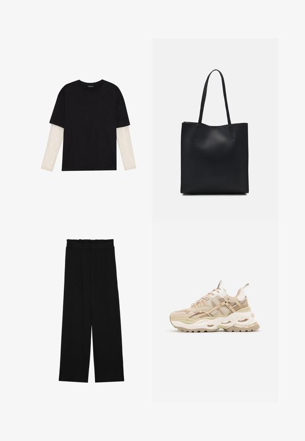 Tricou negru din bumbac, cu mâneci scurte, peste un strat alb cu mâneci lungi, având un model texturat subtil. Design cu guler rotund.; Pantaloni largi negri cu un tiv volant, cu două buzunare laterale și un material neted, ușor. Fără modele vizibile sau accesorii.; Adidași bej cu talpă albă masivă, panouri din plasă și dungi subțiri bej. Au un guler căptușit și accente texturate pe întreaga suprafață.; Geantă tote neagră din piele, cu textură netedă, formă rectangulară și două mânere lungi. Fără hardware vizibil sau ornamente.