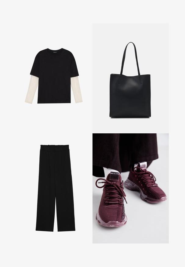 Sort T-shirt lavet af bomuld, med korte ærmer over et hvidt langærmet lag med et subtilt tekstureret mønster. Design med rund hals.; Sorte brede bukser med en rynket talje, der har to sidelommer og et glat, let stof. Ingen synlige mønstre eller hardware.; Burgunderfarvede sportssko med mesh-overdel, struktureret detaljering, runde snørebånd og klar gummisål; har et logo på tungen og hælen.; Sort læder tote taske med glat tekstur, rektangulær form og to lange hanke. Ingen synlig hardware eller udsmykninger.