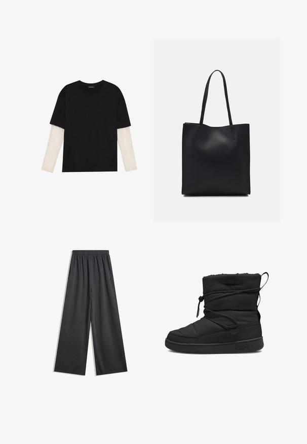 T-shirt nera in cotone con maniche corte sopra un sotto manica lunga bianca, caratterizzata da una sottile texture. Design con scollo rotondo.; Pantaloni neri a gamba larga realizzati in tessuto morbido, con vita elastica e tasche laterali. Texture liscia senza motivi o decorazioni visibili.; Stivale isolato nero con texture trapuntata, chiusura con cordino elastico, parte superiore imbottita e suola in gomma con logo minimalista.; Borsa tote in pelle nera con texture liscia, forma rettangolare e due manici lunghi. Nessun hardware o decorazione visibile.
