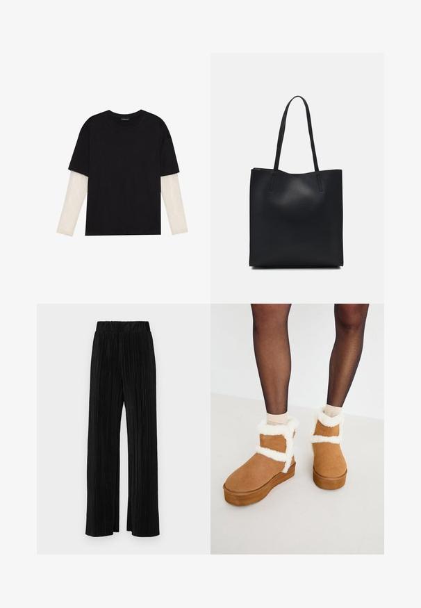 Mustapaita, joka on valmistettu puuvillasta ja jossa on lyhyet hihat valkoisen pitkähihasen kerroksen päällä, jossa on hienovarainen teksturoitu kuvio. Pyöreä kaula-aukko.; Mustat pleatatut housut, joissa on joustava vyötärö. Ominaisuuksiin kuuluvat leveät lahkeet ja sileä, teksturoitu kangas, jossa on pystysuoria raitoja.; Ruskean mokkanahkasaappaat, joissa on valkoinen tekoturkistrimmi ja platform-pohja, varustettu ristikkäisnauhakiristyksellä. Sileä pinta ja pyöreä kärki.; Mustapahkainen kangaskassi, jossa on sileä pinta, suorakaiteen muotoinen ja kaksi pitkää kahvaa. Ei näkyvää metalliosaa tai koristeita.