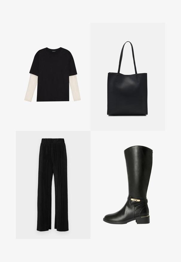 Černé tričko z bavlny s krátkým rukávem, pod kterým je bílá podvlékací halenka s dlouhým rukávem a jemným texturovaným vzorem. Design s kulatým výstřihem.; Černé plisované kalhoty s elastickým pasem. Mají široké nohavice a hladkou, strukturovanou tkaninu s vertikálními pruhy.; Černé kožené vysoké boty po kolena s kulatou špičkou, stříbrnými kovovými detaily a texturovaným holením. Mají nízký blokový podpatek.; Černá kožená taška přes rameno s hladkým povrchem, obdélníkovým tvarem a dvěma dlouhými uchy. Žádné viditelné kování ani ozdoby.