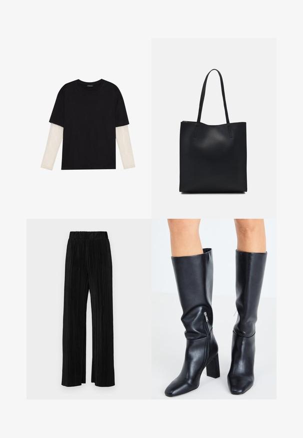 Černé tričko z bavlny s krátkým rukávem, pod kterým je bílá podvlékací halenka s dlouhým rukávem a jemným texturovaným vzorem. Design s kulatým výstřihem.; Černé plisované kalhoty s elastickým pasem. Mají široké nohavice a hladkou, strukturovanou tkaninu s vertikálními pruhy.; Steve Madden SPEEDWAY - Vysoká obuv - black; Černá kožená taška přes rameno s hladkým povrchem, obdélníkovým tvarem a dvěma dlouhými uchy. Žádné viditelné kování ani ozdoby.