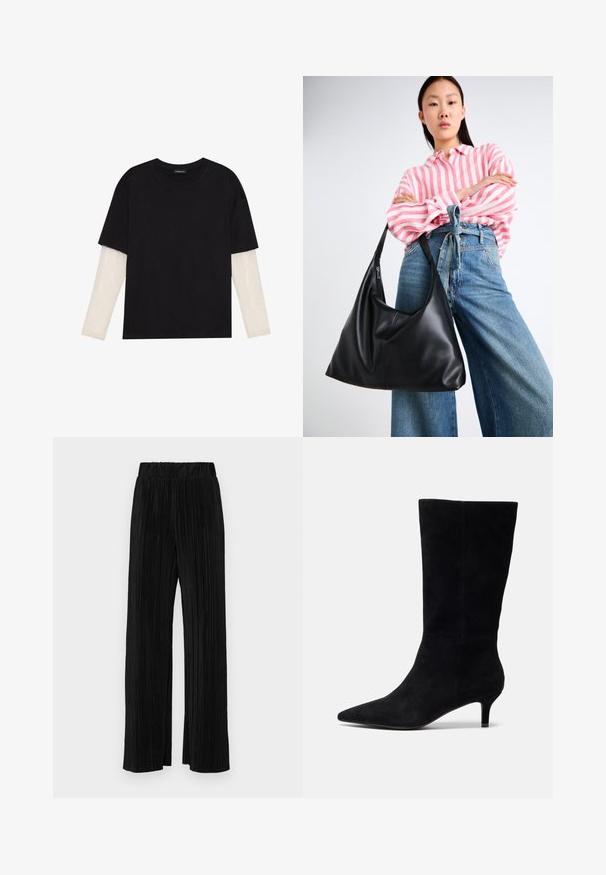 Svart T-skjorte laget av bomull, med korte ermer over et hvitt langermet lag med en subtil teksturert mønster. Rund hals design.; Sorte plisserte bukser med elastisk midje. Har vide ben og et glatt, strukturert stoff med vertikale striper.; Svart semsket ankelboot med spiss tå, slank hæl og jevn tekstur, med en tettsittende silhuett og ingen synlig maskinering.; Svart skinn skulderveske med en avslappet form og sømdetaljer. Modellen har på seg en rosa og hvit stripete skjorte med vide blå jeans.