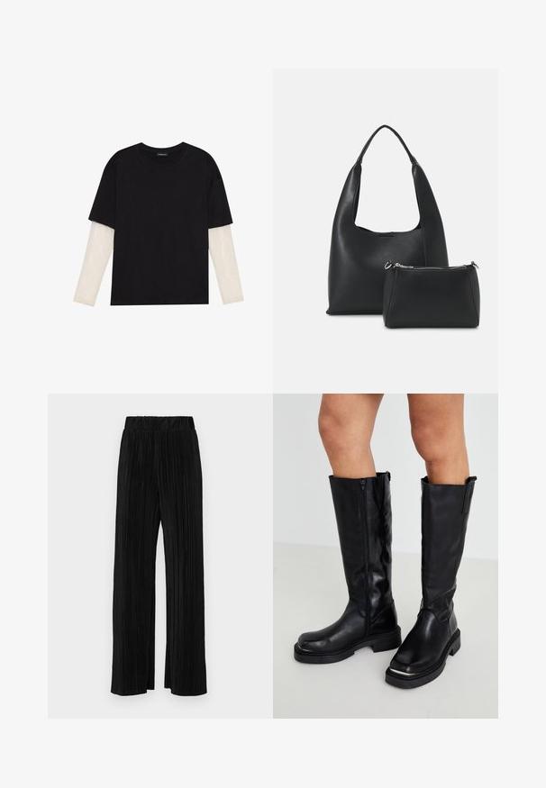 Mustmust särk, mis on valmistatud puuvillast, lühikeste varrukatega, valge pika varrukaga kihi peal, millel on peene tekstuuriga muster. Ümar kaelus.; Mustad pleekitud püksid elastse vöökohtaga. Omavad laiad jalad ja sujuvat, tekstureeritud kangast vertikaalsete triipudega.; Põlve kõrgused mustad nahast saapad, millel on külgutte ja paks kummist tallad, ning tekstuuriga viimistlus minimalistliku disainiga.; Even&Odd Käekott - black