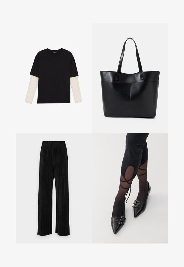 Črna majica iz bombaža s kratkimi rokavi, ki pokriva belo dolgi rokav z subtilnim teksturiranim vzorcem. Oblika izrezanega vratu.; Črne plisirane hlače z elastičnim pasom. Imajo široke noge in gladko, teksturirano tkanino z navpičnimi črtami.; Črne balerinke z izostrenim nosom iz usnja, z dvema kovinskima zaponkama in gladko površino, oblečene z prosojnimi črnimi nogavicami.; Črna usnjena torba z dvema dolgima ročajema, gladko teksturo in strukturirano obliko. Ima sprednji žep za dodatno shranjevanje.