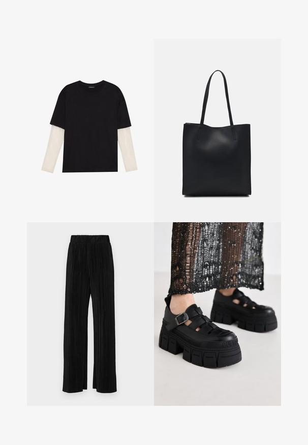 Tricou negru din bumbac, cu mâneci scurte, peste un strat alb cu mâneci lungi, având un model texturat subtil. Design cu guler rotund.; Pantaloni negri plisati cu talie elastică. Prezintă picioare largi și un material neted, texturat, cu dungi verticale.; Sandale negre cu platformă, cu un design masiv, având curele late și o cataramă pe lateral. Fabricate din cauciuc texturat cu un detaliu logo.; Geantă tote neagră din piele, cu textură netedă, formă rectangulară și două mânere lungi. Fără hardware vizibil sau ornamente.