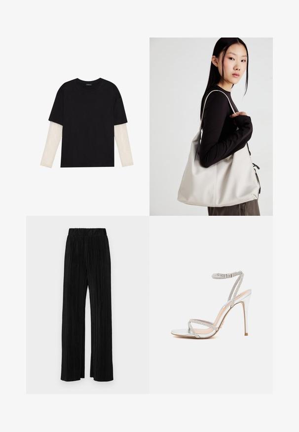 Zwarte T-shirt van katoen, met korte mouwen over een witte lange mouw laag met een subtiel textuurpatroon. Ronde hals ontwerp.; Zwarte geplooide broek met een elastische tailleband. Beschikt over wijde pijpen en een glad, gestructureerd stof met verticale strepen.; Zilveren hoge hakken sandaal met dunne bandjes, versierd met strass steentjes, met een slank ontwerp en een spitse neus.; Beige handtas gemaakt van zacht materiaal, met een slonzig ontwerp, gestikte details en twee schouderbanden. Geschikt voor dagelijks gebruik.