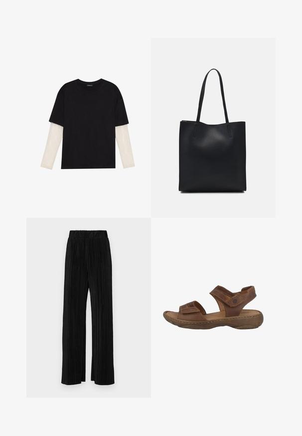Black T-shirt made of cotton, featuring short sleeves over a white long-sleeve layer with a subtle textured pattern. Crew neckline design.; Black pleated trousers with an elastic waistband. Features wide legs and a smooth, textured fabric with vertical stripes.; Brown leather sandals with a cushioned footbed, two adjustable straps, and a textured rubber sole. Features visible stitching details.; Black leather tote bag with smooth texture, rectangular shape, and two long handles. No visible hardware or embellishments.