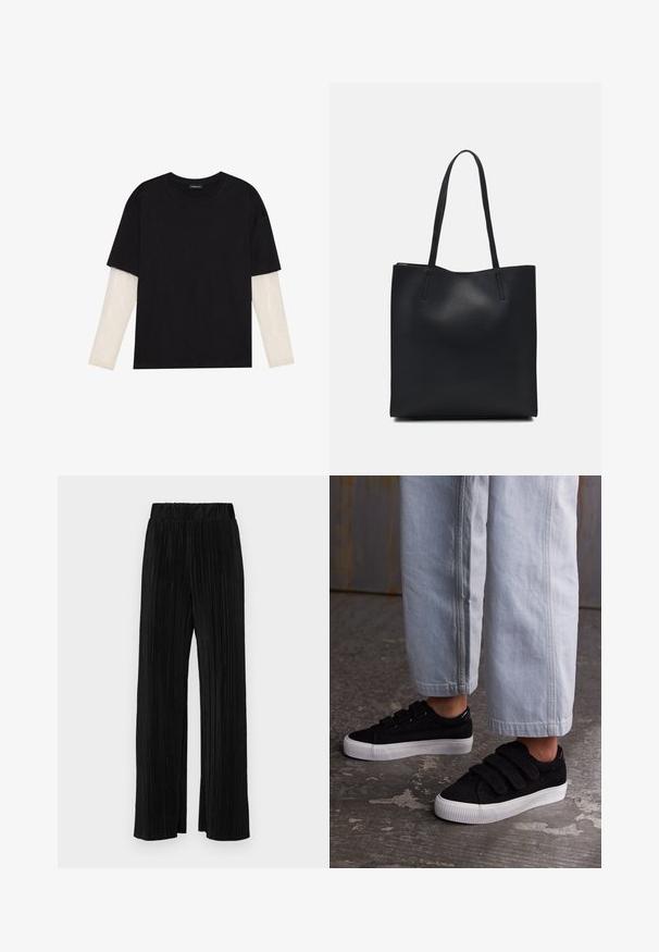 Černé tričko z bavlny s krátkým rukávem, pod kterým je bílá podvlékací halenka s dlouhým rukávem a jemným texturovaným vzorem. Design s kulatým výstřihem.; Černé plisované kalhoty s elastickým pasem. Mají široké nohavice a hladkou, strukturovanou tkaninu s vertikálními pruhy.; Černé kordurové tenisky se třemi suchými zipy a texturovaným svrškem. Nízkoprofilová bílá gumová podrážka. Nosené s světle modrými zkrácenými kalhotami.; Černá kožená taška přes rameno s hladkým povrchem, obdélníkovým tvarem a dvěma dlouhými uchy. Žádné viditelné kování ani ozdoby.