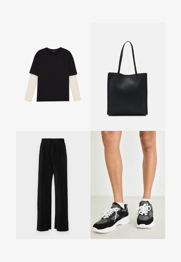 T-shirt noir en coton, avec des manches courtes sur une couche à manches longues blanche avec un motif texturé subtil. Col rond.; Pantalons plissés noirs avec une taille élastique. Présente des jambes larges et un tissu lisse texturé avec des rayures verticales.; Baskets de sport noires et grises en matériaux mesh et suède, avec des lacets blancs et une semelle épaisse blanche. Chaussettes visibles au-dessus des baskets.; Sac fourre-tout en cuir noir avec une texture lisse, de forme rectangulaire et deux longues poignées. Pas de matériel ou d'ornementations visibles.
