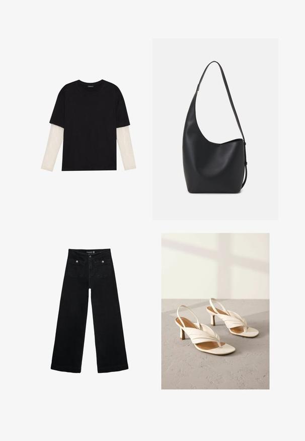 T-shirt nera in cotone con maniche corte sopra un sotto manica lunga bianca, caratterizzata da una sottile texture. Design con scollo rotondo.; Jeans neri a gamba larga con vita alta, dotati di due tasche frontali e dettagli in metallo sui bottoni. Il tessuto ha una texture liscia.; Décolleté bianche in pelle con design anteriore attorcigliato, punta aperta e tacco blocco di altezza media. Texture liscia e accenti minimi.; Borsa hobo nera in pelle con una superficie liscia, forma curvata e una singola tracolla regolabile; presenta un'ampia apertura nella parte superiore.