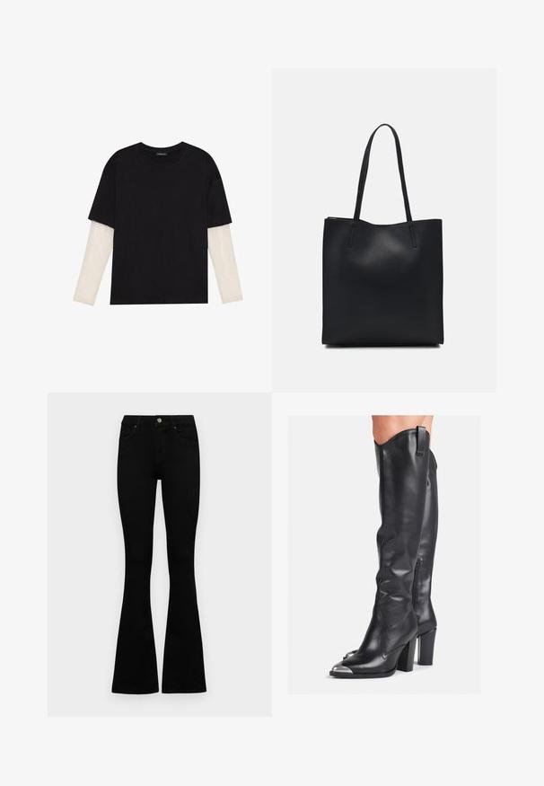Svart T-skjorte laget av bomull, med korte ermer over et hvitt langermet lag med en subtil teksturert mønster. Rund hals design.; Sorte høytlivsjeans med knapp og glidelås, frontlommer og utsvingte bein liggende flatt på en hvit bakgrunn.; Sorte lærkne-høye støvler med et strømlinjeformet design, spisse tær, metalliske detaljer og glidelås på innsiden.; Svart lær tote bag med glatt tekstur, rektangulær form og to lange håndtak. Ingen synlige deler eller dekorasjoner.