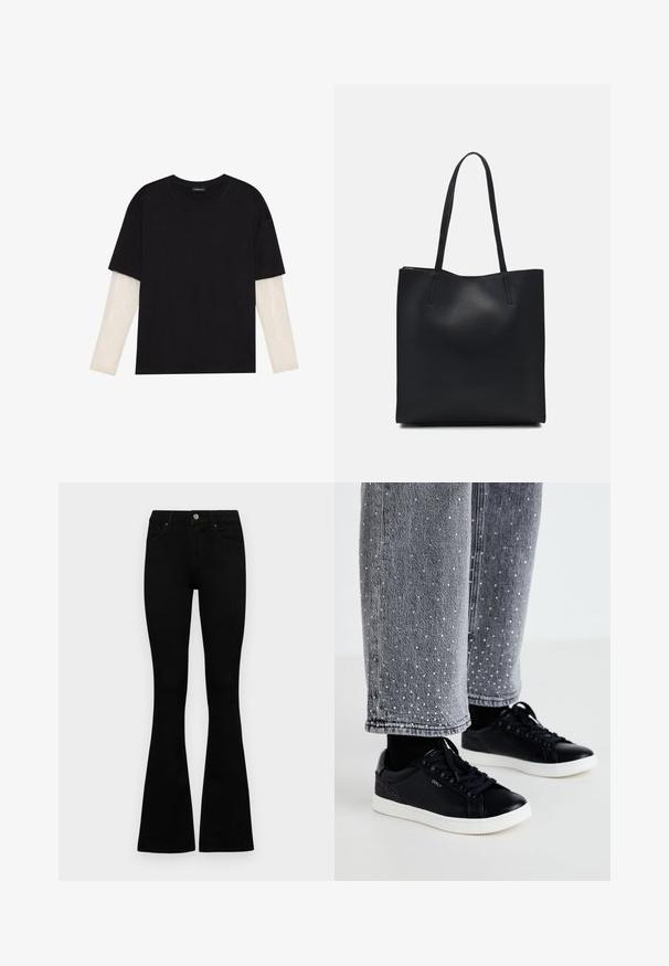 Svart T-skjorte laget av bomull, med korte ermer over et hvitt langermet lag med en subtil teksturert mønster. Rund hals design.; Sorte høytlivsjeans med knapp og glidelås, frontlommer og utsvingte bein liggende flatt på en hvit bakgrunn.; Sorte lær sneakers med hvite gummisåler og teksturerte detaljer. Kombinert med grå denim jeans dekorert med utsmykkede sølvprikker.; Svart lær tote bag med glatt tekstur, rektangulær form og to lange håndtak. Ingen synlige deler eller dekorasjoner.