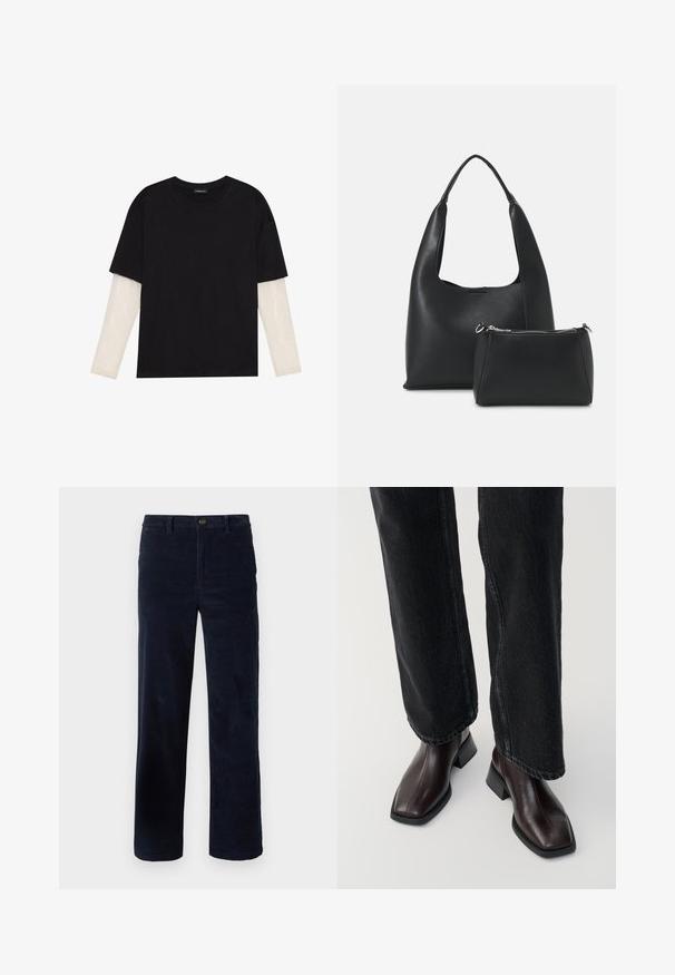 T-shirt preta de algodão, com mangas curtas sobre uma camada de mangas longas branca com um padrão texturizado subtil. Design de decote redondo.; Calças de corduroy azul marinho com pernas retas, apresentando um fecho de botão e um tecido texturizado. Sem padrões ou acentos visíveis.; Botas de tornozelo em pele castanha com biqueira quadrada e salto bloco, combinadas com jeans pretos de perna larga. Textura suave e design minimalista.; Even&Odd Mala de mão - black