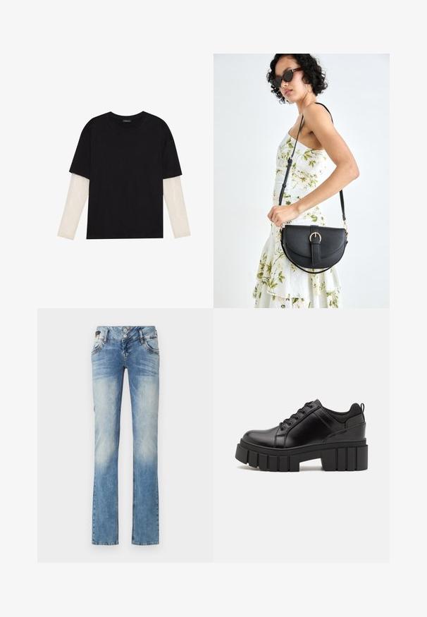 Melna kokvilnas T-kreklu ar īsām piedurknēm, virs baltas garām piedurknēm ar smalku teksturētu rakstu. Apaļas kakla izgriezuma dizains.; Gai zila džinsu bikses ar taisnu kāju dizainu, kas aprīkotas ar piecu pogu aizdari, priekšējiem kabatām un vieglām nodiluma detaļām.; Melnas ādas platformas kurpes ar masīvu bloku papēdi, apaļu purngalu un tradicionālu saistīšanas dizainu. Izceļas ar gludu tekstūru un minimālu apdari.; Melnas ādas rokassoma ar izliekta formu, noņemamu siksnu un zelta aksesuāriem. Somai ir vāciņš ar sprādzes detaļu.