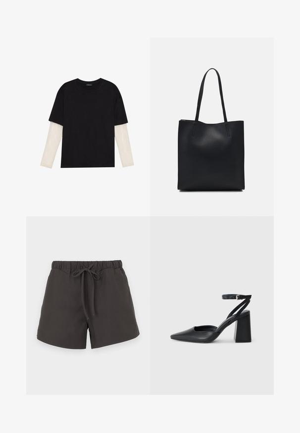 Melna kokvilnas T-kreklu ar īsām piedurknēm, virs baltas garām piedurknēm ar smalku teksturētu rakstu. Apaļas kakla izgriezuma dizains.; Tumši pelēki kokvilnas šorti ar elastīgu jostu, regulējamu auklu un brīvu piegriezumu. Gluda tekstūra bez acīmredzamām rakstu vai rotājumu detaļām.; Melna ādas augstpapēžu kurpe ar norakstīto purngala formu, potītes siksniņu un masīlu papēdi. Gluda tekstūra, elegants dizains un minimālisma estētika.; Melnas ādas somiņa ar gludu tekstūru, taisnstūra formu un divām garām rokturiem. Nav redzamu aparatūras vai rotājumu.