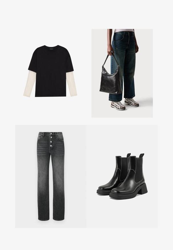 Tricou negru din bumbac, cu mâneci scurte, peste un strat alb cu mâneci lungi, având un model texturat subtil. Design cu guler rotund.; Blugi negri cu talie înaltă, cu croială dreaptă, design cu cinci buzunare și cinci nasturi metallici la fermoar. Textură de denim ușor decolorată.; Botine Chelsea din piele neagră, cu toc masiv, panouri laterale elastice și cusături albe contrastante. Finisaj texturat.; Geantă de umăr din piele neagră, cu o textură netedă și curea ajustabilă, asortată cu blugi evazați și adidași.