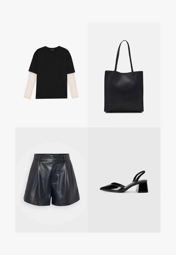 Sort T-shirt lavet af bomuld, med korte ærmer over et hvidt langærmet lag med et subtilt tekstureret mønster. Design med rund hals.; Sorte lædershorts med en glat tekstur, skræddersyet design, plisseret front og bæltestropper; har en skjult lynlås lomme på siden.; Sorte patentlæder slingback hæle med spids tå og en geometrisk blok hæl. Har et elegant, minimalistisk design og en glat tekstur.; Sort læder tote taske med glat tekstur, rektangulær form og to lange hanke. Ingen synlig hardware eller udsmykninger.; Sølvøreringe med en glat, rund design og en poleret overflade. De er tynde og lette, og har en simpel lås.