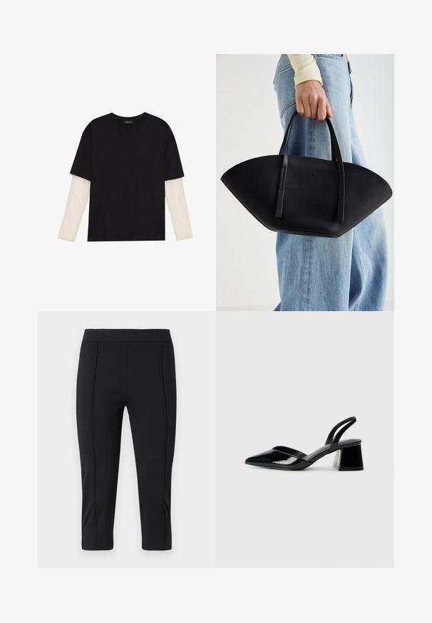 Black T-shirt made of cotton, featuring short sleeves over a white long-sleeve layer with a subtle textured pattern. Crew neckline design.; Black capri pants made of stretchy fabric with a smooth texture, featuring a fitted waist and seam detailing along the front.; Black patent leather slingback heels with a pointed toe and a geometric block heel. Features a sleek, minimal design and smooth texture.; Black leather handbag with a unique fan shape, featuring flat handles. The surface has a pebbled texture and a minimalistic design.