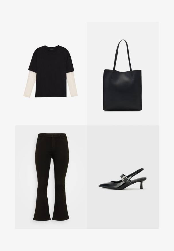 Black T-shirt made of cotton, featuring short sleeves over a white long-sleeve layer with a subtle textured pattern. Crew neckline design.; Black flared jeans made from cotton fabric, featuring a button fastening, five pockets, and a smooth texture. Tailored fit with a flared silhouette.; Black patent leather slingback heels with a pointed toe and a small block heel, featuring a silver buckle accent on the strap.; Black leather tote bag with smooth texture, rectangular shape, and two long handles. No visible hardware or embellishments.; Silver heart-shaped earrings feature faceted clear stones, with a textured frame. The set includes stud and drop styles.