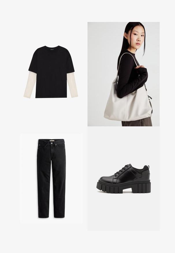 Melna kokvilnas T-kreklu ar īsām piedurknēm, virs baltas garām piedurknēm ar smalku teksturētu rakstu. Apaļas kakla izgriezuma dizains.; Melni taisni legingi džinsi ar pogu un rāvējslēdzēju, jostas cilpām, priekšējām un aizmugurējām kabatām, izlikti uz balta fona.; Melnas ādas platformas kurpes ar masīvu bloku papēdi, apaļu purngalu un tradicionālu saistīšanas dizainu. Izceļas ar gludu tekstūru un minimālu apdari.; Bežs rokassoma, izgatavota no mīksta materiāla, ar brīvu dizainu, izšūtu apdari un divām plecu siksnām. Piemērota ikdienas lietošanai.