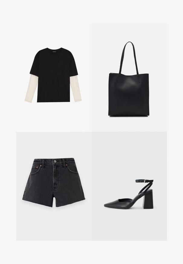 T-shirt noir en coton, avec des manches courtes sur une couche à manches longues blanche avec un motif texturé subtil. Col rond.; Shorts en denim noir avec taille haute, ourlet effiloché, poches avant et rivets couleur cuivre. Texture lisse et coupe classique.; Escarpin noir en cuir à bout pointu avec une bride de cheville et un talon épais. Texture lisse, design élégant et esthétique minimaliste.; Sac fourre-tout en cuir noir avec une texture lisse, de forme rectangulaire et deux longues poignées. Pas de matériel ou d'ornementations visibles.