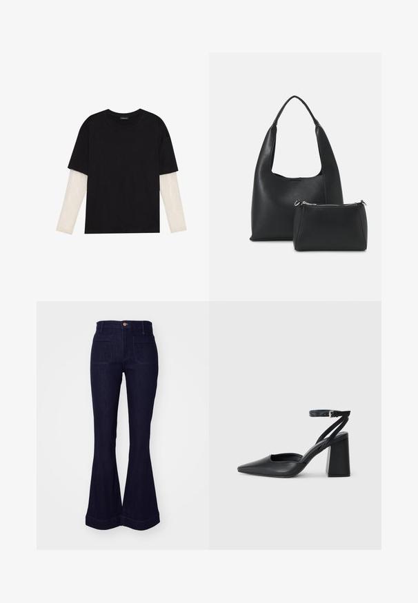 Tricou negru din bumbac, cu mâneci scurte, peste un strat alb cu mâneci lungi, având un model texturat subtil. Design cu guler rotund.; Jeans evazați din denim bleu închis, cu talie înaltă, două buzunare pe spate și detalii cusute pe cusături și tiv.; Pantofii cu toc ascuțit din piele neagră, cu breteaua pentru glezne și toc gros. Textură netedă, design elegant și estetică minimală.; Even&Odd Geantă de mână - black