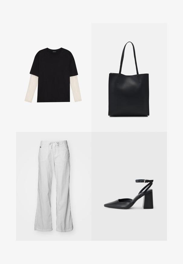 Black T-shirt made of cotton, featuring short sleeves over a white long-sleeve layer with a subtle textured pattern. Crew neckline design.; White linen pants with a relaxed fit, drawstring waistband, and two front pockets. Features wide legs and a subtle texture.; Black leather pointy-toe pump with an ankle strap and a chunky heel. Flat texture, sleek design, and minimalistic aesthetics.; Black leather tote bag with smooth texture, rectangular shape, and two long handles. No visible hardware or embellishments.