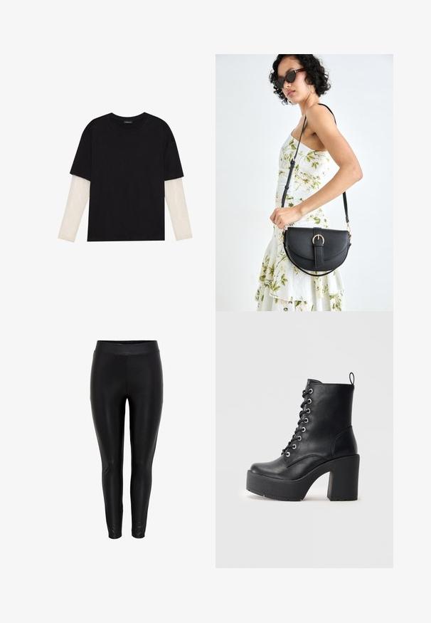 Mustapaita, joka on valmistettu puuvillasta ja jossa on lyhyet hihat valkoisen pitkähihasen kerroksen päällä, jossa on hienovarainen teksturoitu kuvio. Pyöreä kaula-aukko.; Mustat legginsit, joissa on sileä, kiiltävä pinta, leveällä elastisella vyötäröosalla ja kapea leikkaus, joka ulottuu nilkkoihin.; Musta nahkasaapas nilkkamittaisella, paksulla korokepohjalla, nyöritettävällä etuosalla ja tekstuuripinnalla. Takana on lenkki helppoa pukemista varten.; Musta nahkainen käsilaukku, joka on kaareva muotoilultaan, irrotettavalla hihnalla ja kultaisilla yksityiskohdilla. Laukussa on läppä, jossa on solk yksityiskohta.