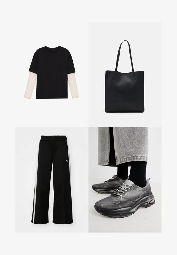 Zwarte T-shirt van katoen, met korte mouwen over een witte lange mouw laag met een subtiel textuurpatroon. Ronde hals ontwerp.; Zwarte wijde broek met een elastische tailleband, verticale witte strepen, zijzakken met rits en een klein logo op de bovenbeen.; Zwarte en grijze sport schoenen hebben een mesh bovenkant, dikke zolen en veters. Ze hebben een ronde neus en zichtbare dempingsdetails.; Zwarte leren handtas met een gladde textuur, rechthoekige vorm en twee lange handvaten. Geen zichtbare hardware of versieringen.