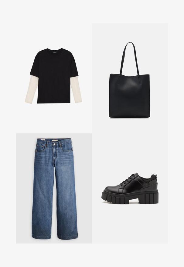 Juodas medvilninis marškinėliai su trumpomis rankovėmis, virš baltos ilgo rankovio sluoksnio, turinčio subtilų tekstūrinį raštą. Apvalus iškirpimas.; Mėlynos džinsinės plačių kojų kelnės, turinčios aukštą liemenį, penkis kišenes ir kontrastingą oranžinį siūlų dygsniavimą. Lygus paviršius, be papuošimų.; Juodi odiniai platformos batai su masyviu blokuota kulniuku, apvalia nosimi ir tradiciniu šnypštimo dizainu. Turintys glotnų paviršių ir minimalų dekoravimą.; Juodas odinis tote krepšys su lygia tekstūra, stačiakampio formos ir dviem ilgais rankenomis. Matomų metalinių detalių ar puošybos nėra.