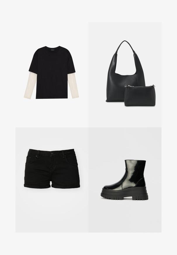 Črna majica iz bombaža s kratkimi rokavi, ki pokriva belo dolgi rokav z subtilnim teksturiranim vzorcem. Oblika izrezanega vratu.; Črni jeans kratke hlače z zavihkom, pet žepnim dizajnom in kovinskim gumbom za zapiranje. Gladka tekstura in klasičen kroj.; Črne sijajne gležnjarje z debelim profilom podplata in zaobljenim nosom, stranski pogled na enostavni svetlo sivi ozadju.; Even&Odd Torbica - black