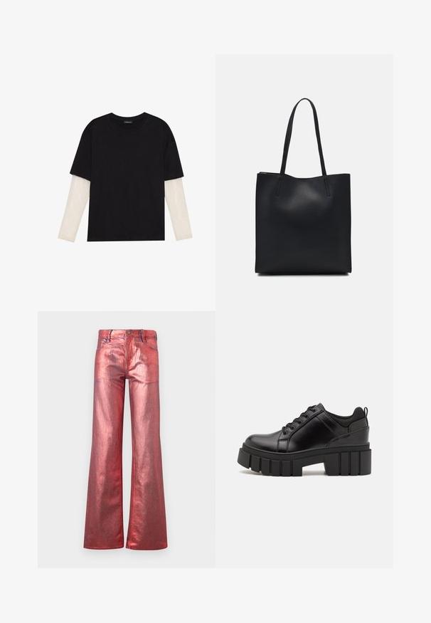 Mustmust särk, mis on valmistatud puuvillast, lühikeste varrukatega, valge pika varrukaga kihi peal, millel on peene tekstuuriga muster. Ümar kaelus.; Kirkas punane metallik lai säärega teksapüksid läikiva viimistlusega, viie taskuga disain ja õmblustooted. Omab nupuvärvi ja tõmblukuga sulgemist.; Must musta platvormsussid paksu plokkninal, ümmarguse varbaga ja traditsioonilise nööridega kinnitamisega. Sussid on sileda tekstuuriga ja minimaalsete detailidega.; Mustast nahast kott sujuva tekstuuriga, ristkülikukujuline ja kahe pika sangaga. Pole nähtavat riistvara ega kaunistusi.