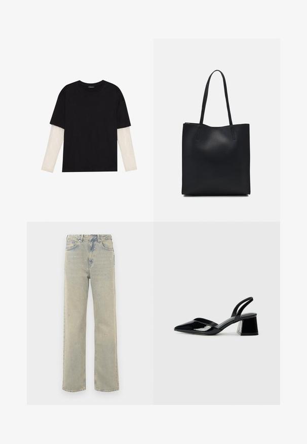 Črna majica iz bombaža s kratkimi rokavi, ki pokriva belo dolgi rokav z subtilnim teksturiranim vzorcem. Oblika izrezanega vratu.; Svijetloplave traper hlače širokog nogavica s izblijedjelim završetkom, ukrašene srebrnim nitnama raspoređenim u kružnim uzorcima na prednjoj strani.; Črne lakirane slingback pete s koničastim nosom in geometrijsko blokasto peto. Imajo eleganten, minimalističen dizajn in gladko teksturo.; Črna usnjena torba s svilnato teksturo, pravokotne oblike in dvema dolgima ročajema. Brez vidnih metalnih delov ali okrasnih elementov.