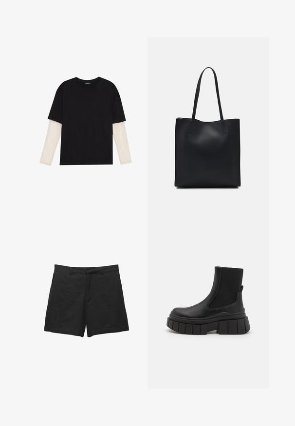 Sort T-shirt lavet af bomuld, med korte ærmer over et hvidt langærmet lag med et subtilt tekstureret mønster. Design med rund hals.; Sorte linnedshorts med skræddersyet design, flad front, bælteløkker og sidelommer. Glat tekstur med en ren kant.; Sorte ankelstøvler lavet af glat læder med elastiske sidelæster, en kraftig platåsål og et struktureret dækmønster.; Sort læder tote taske med glat tekstur, rektangulær form og to lange hanke. Ingen synlig hardware eller udsmykninger.