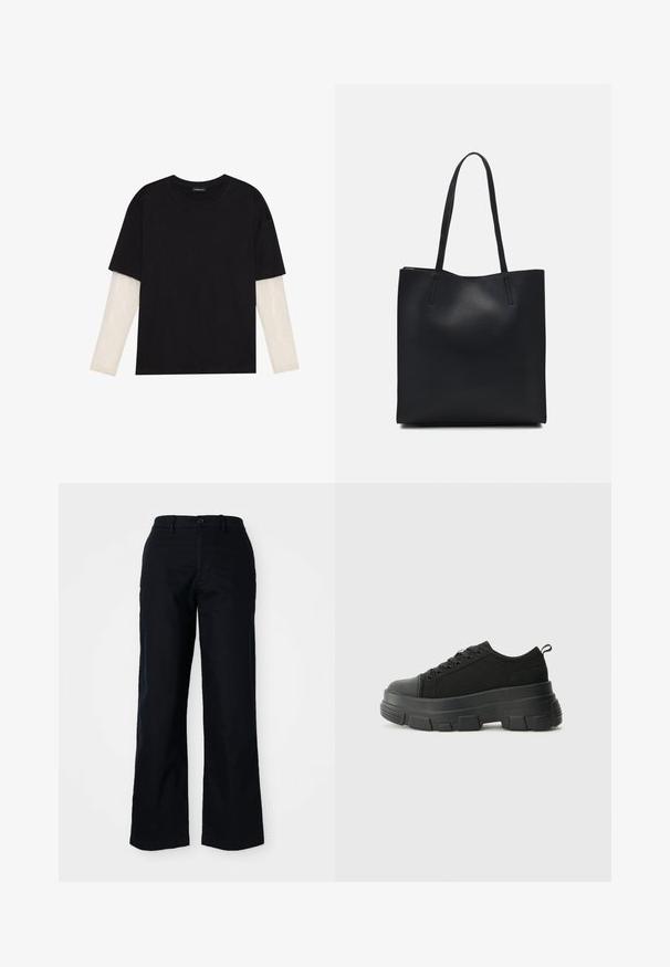 Tricou negru din bumbac, cu mâneci scurte, peste un strat alb cu mâneci lungi, având un model texturat subtil. Design cu guler rotund.; Pantaloni negri cu picioare largi, confecționați din bumbac. Prezintă închidere frontală cu nasture, bucle pentru curea și o textură fină. Fără modele sau accente vizibile.; Adidași negri cu talpă groasă din cauciuc, superior din material texturat, bot rotund și design cu șireturi. Include gauri întărite pentru șireturi și o buclă pe spate.; Geantă tote neagră din piele, cu textură netedă, formă rectangulară și două mânere lungi. Fără hardware vizibil sau ornamente.