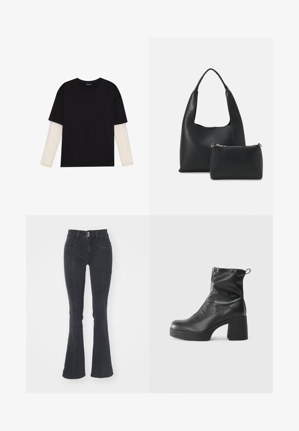 T-shirt preta de algodão, com mangas curtas sobre uma camada de mangas longas branca com um padrão texturizado subtil. Design de decote redondo.; Calças de ganga pretas em corte flare, com uma cintura alta, dois bolsos frontais e dois bolsos traseiros, apresentando detalhes de costura visíveis.; Botas de tornozelo pretas feitas de couro liso, com fecho lateral, salto grosso texturizado e design de bico arredondado.; Even&Odd Mala de mão - black